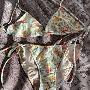 Shoshanna Floral Triangle String Bikini Set - Pastel Yellow & Pink